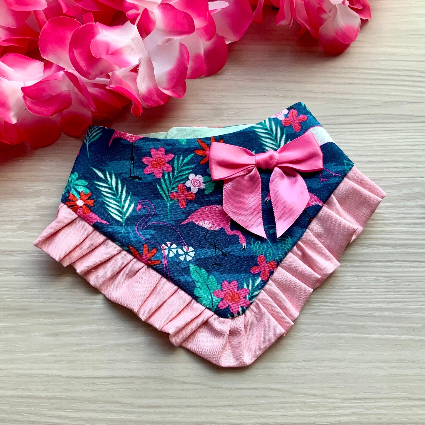 Tropical Leaf and flamingo Dog Bandana with Ruffle, Tropical dog accessories, Hawaiian pet scarf