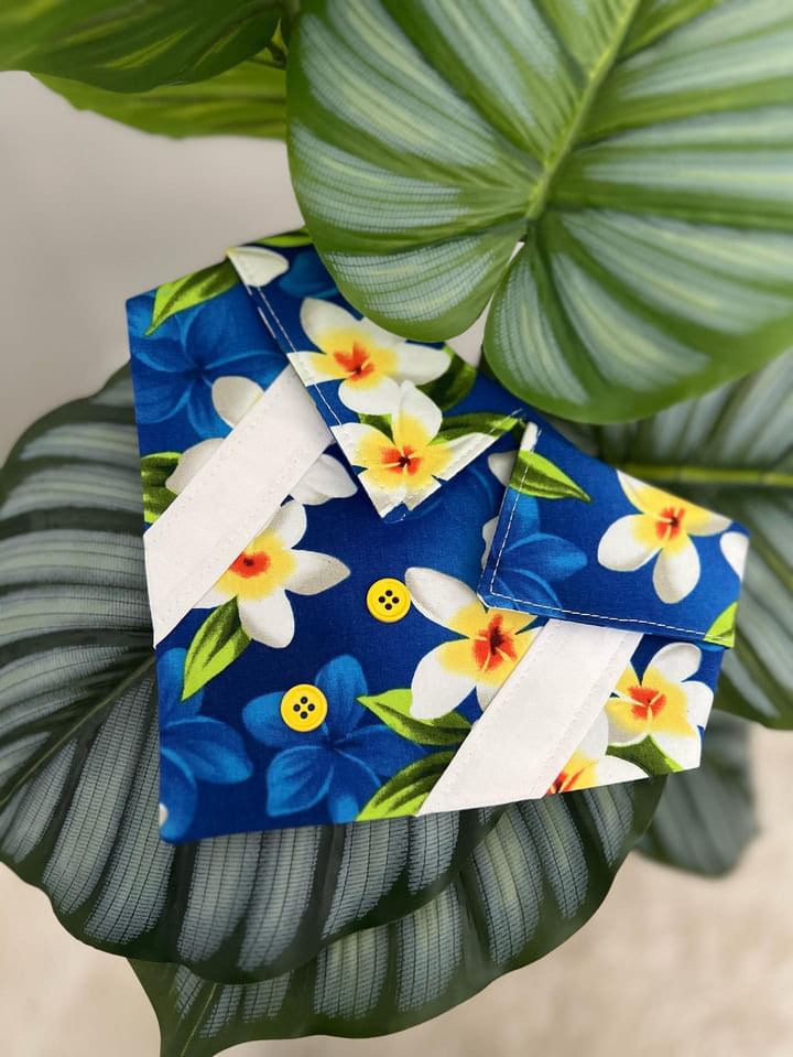 Blue Hawaiian Floral Dog Bandana with Snaps, Pet Scarf