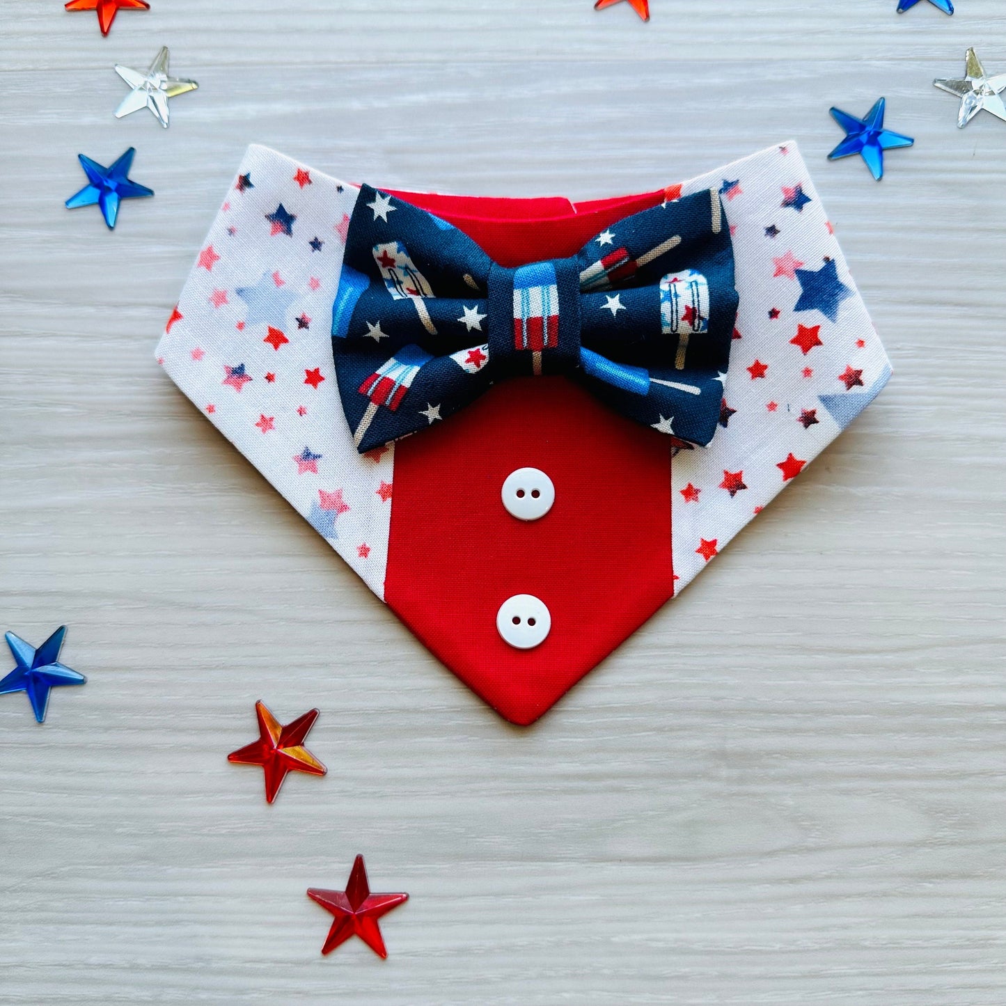 4th of July Tuxedo Bandana, red white and blue with popsicles, memorial day pets scarf, dog bandana with bowtie, summer pet bandana