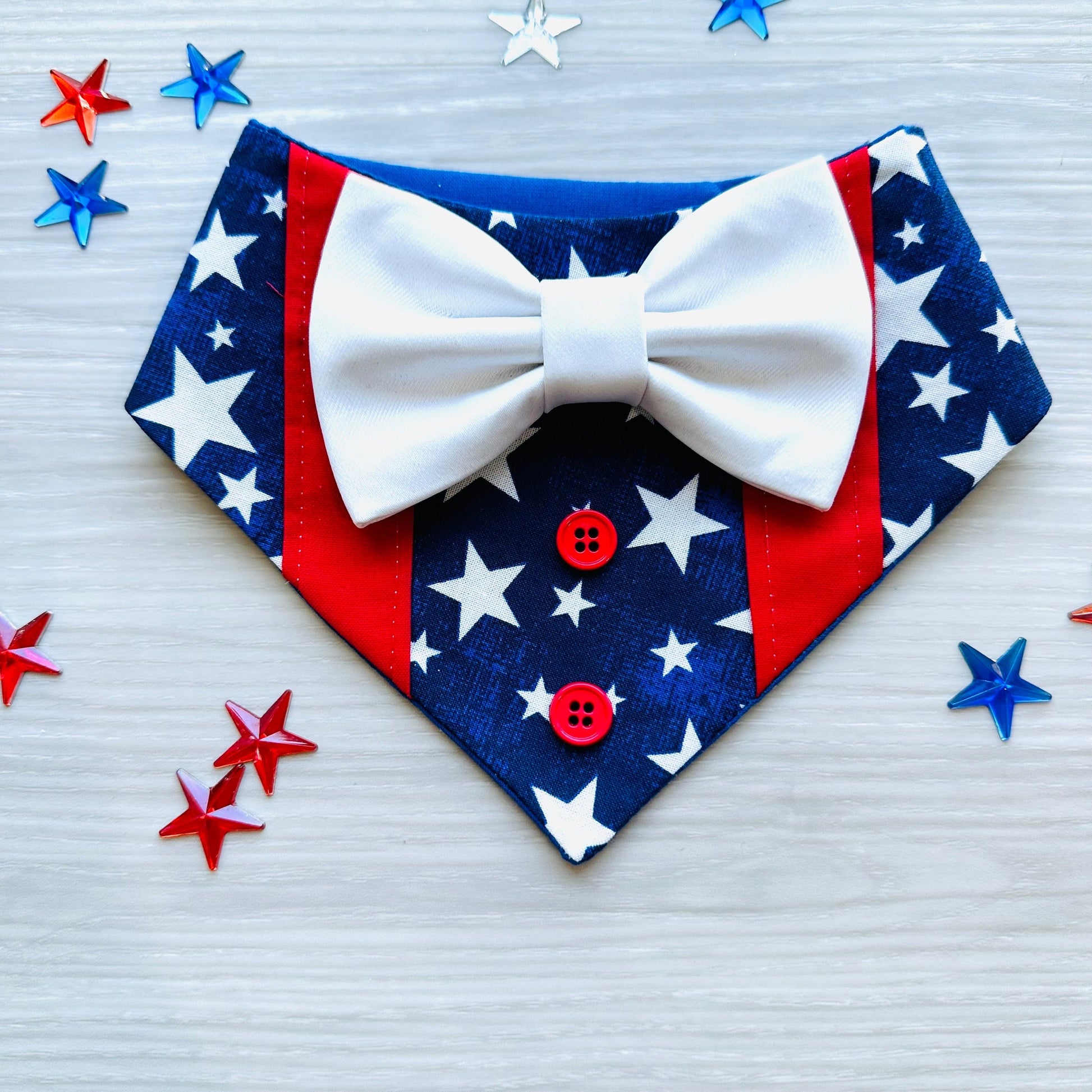 4th of July Tuxedo Bandana, red white and blue, memorial day pets scarf, dog bandana with bowtie, summer pet bandana