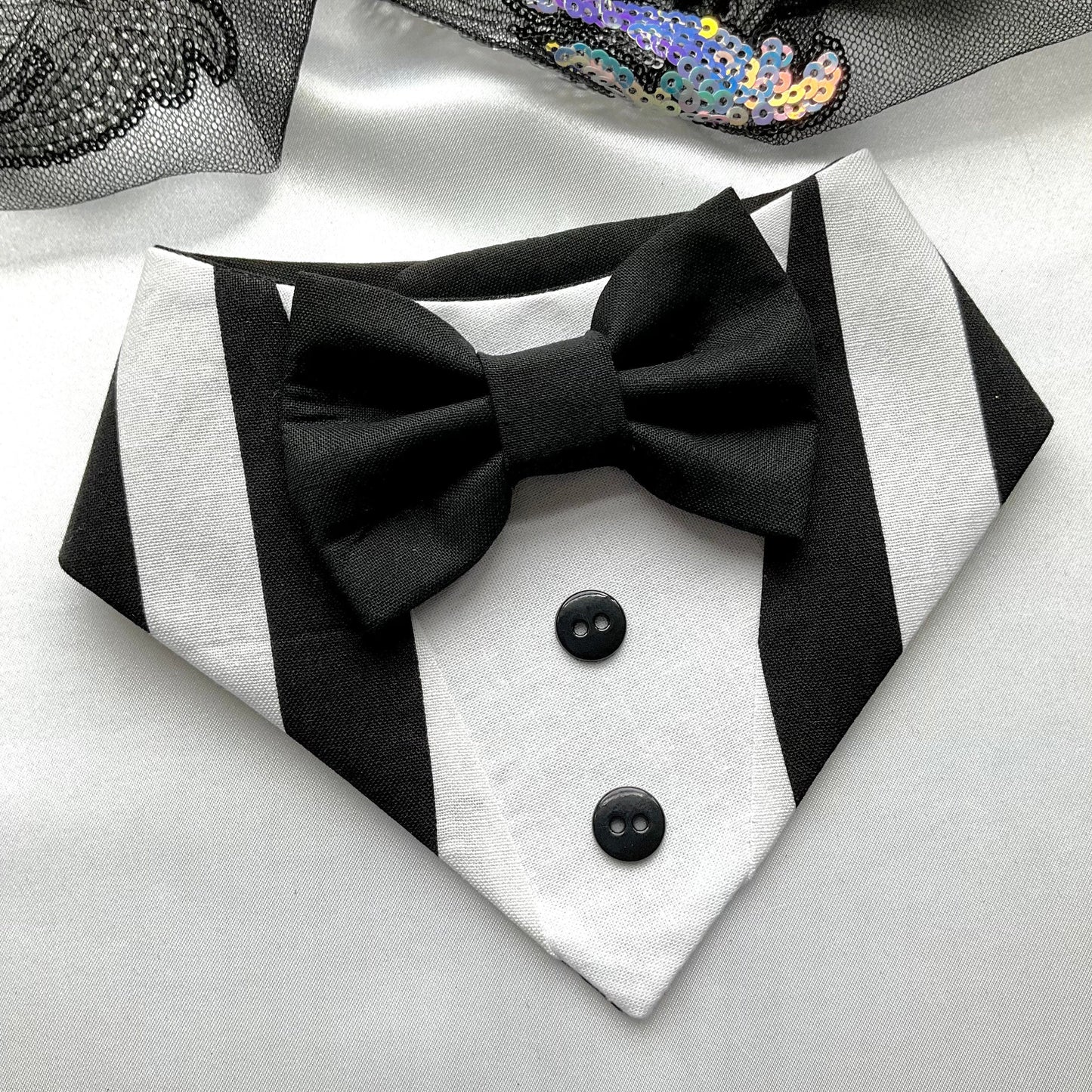 Beetle Juice Dog Tuxedo, Black and White Halloween Dog Bandana