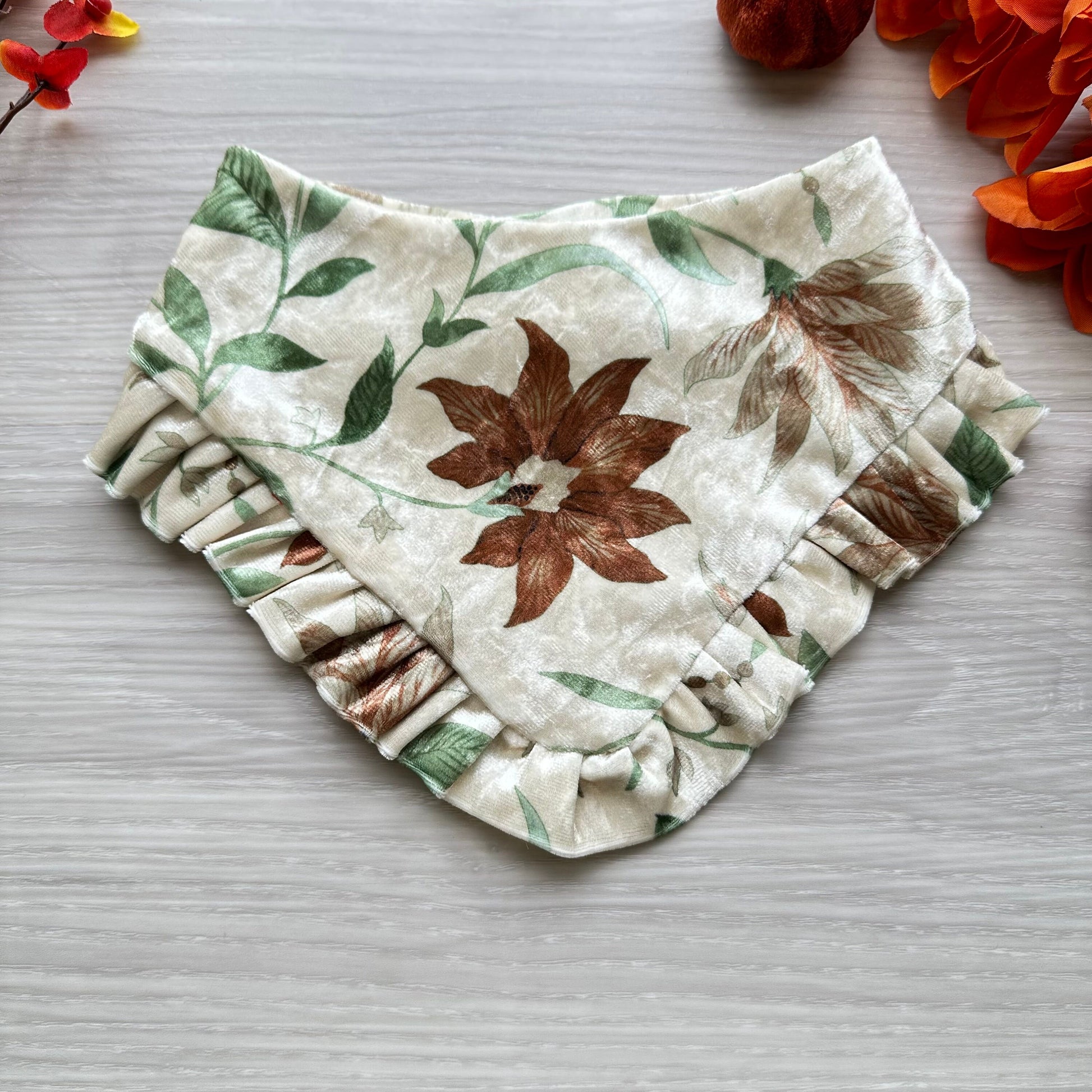 Floral velvet with Ruffled, Fall Dog Bandana, snap on dog bandana, Autumn dog bandana, ruffle trim dog bandana, girl dog bandana,