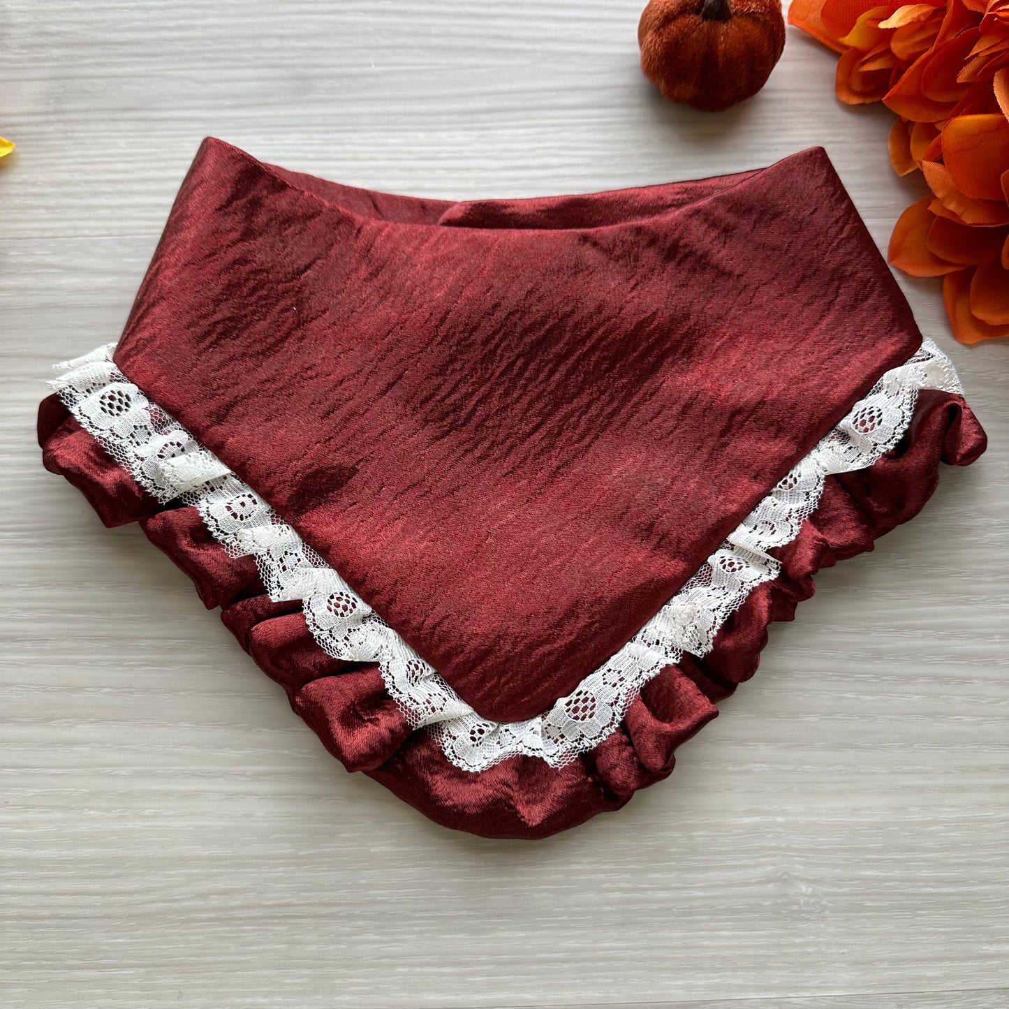 Burgundy Satin with Ruffled, Fall Dog Bandana, snap on dog bandana, Autumn dog bandana, ruffle trim dog bandana, girl dog bandana,