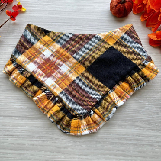 Brown/yellow Black/orange Plaid snap on dog bandana, fall dog bandana, Autumn dog bandana, ruffle trim dog bandana, girl dog bandana,