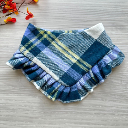 Navy/yellow Blue/White Plaid snap on dog bandana, fall dog bandana, Autumn dog bandana, ruffle trim dog bandana, girl dog bandana,