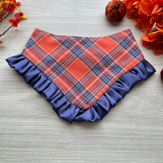 Orange & Blue plaid dog bandana with ruffled, fall dog bandana, Autumn dog bandana, ruffle trim dog bandana, girl dog bandana,