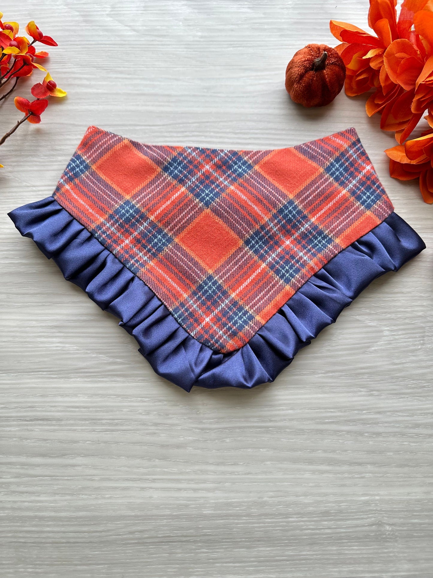 Orange & Blue plaid dog bandana with ruffled, fall dog bandana, Autumn dog bandana, ruffle trim dog bandana, girl dog bandana,