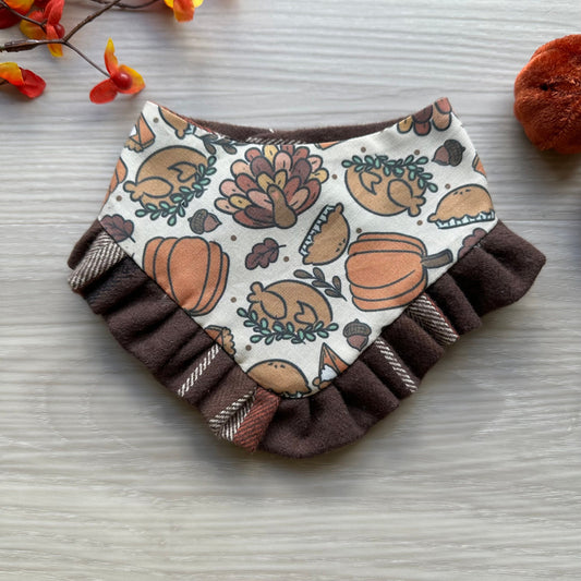 Turkey & Pumpkin snap on dog bandana, fall dog bandana, Autumn dog bandana, ruffle trim dog bandana, girl dog bandana, cute dog bandana