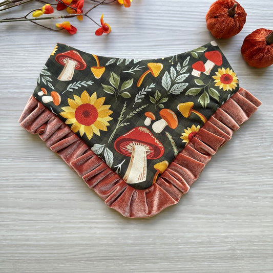 Mushroom with velvet Ruffled, Fall Dog Bandana, snap on dog bandana, Autumn dog bandana, ruffle trim dog bandana, girl dog bandana, Rust