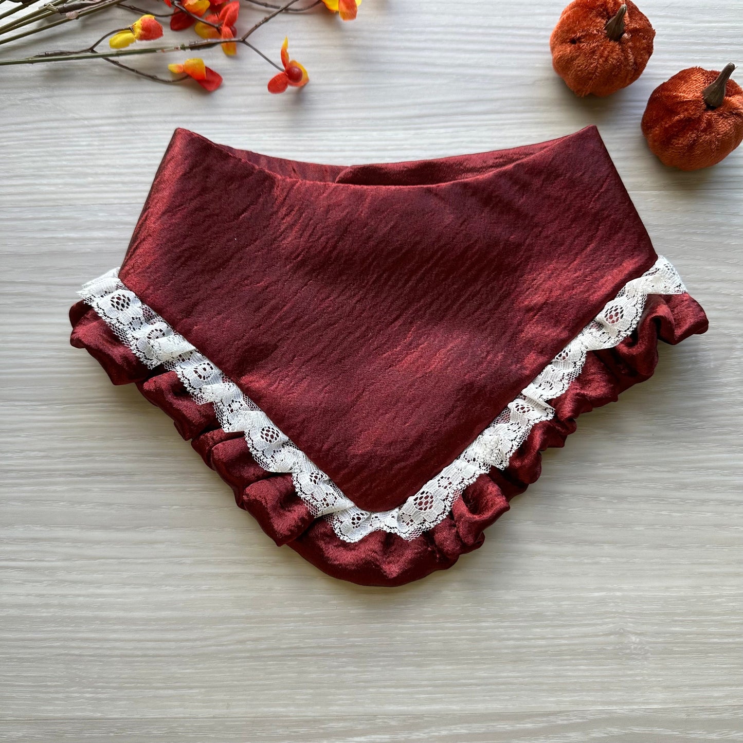 Burgundy Satin with Ruffled, Fall Dog Bandana, snap on dog bandana, Autumn dog bandana, ruffle trim dog bandana, girl dog bandana,