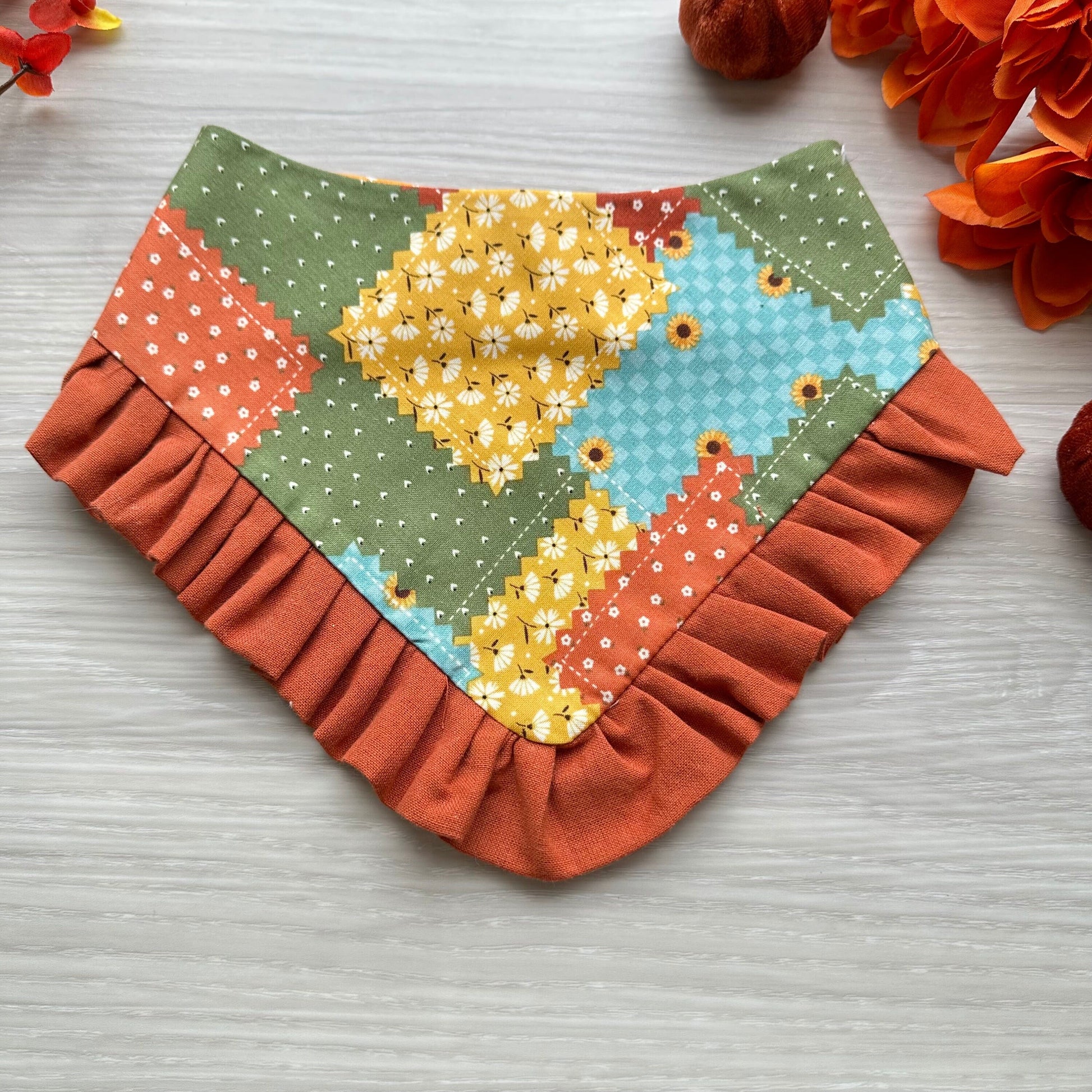 Fall Patch snap on dog bandana, orange dog bandana, Autumn dog bandana, ruffle trim dog bandana, girl dog bandana, cute dog bandana