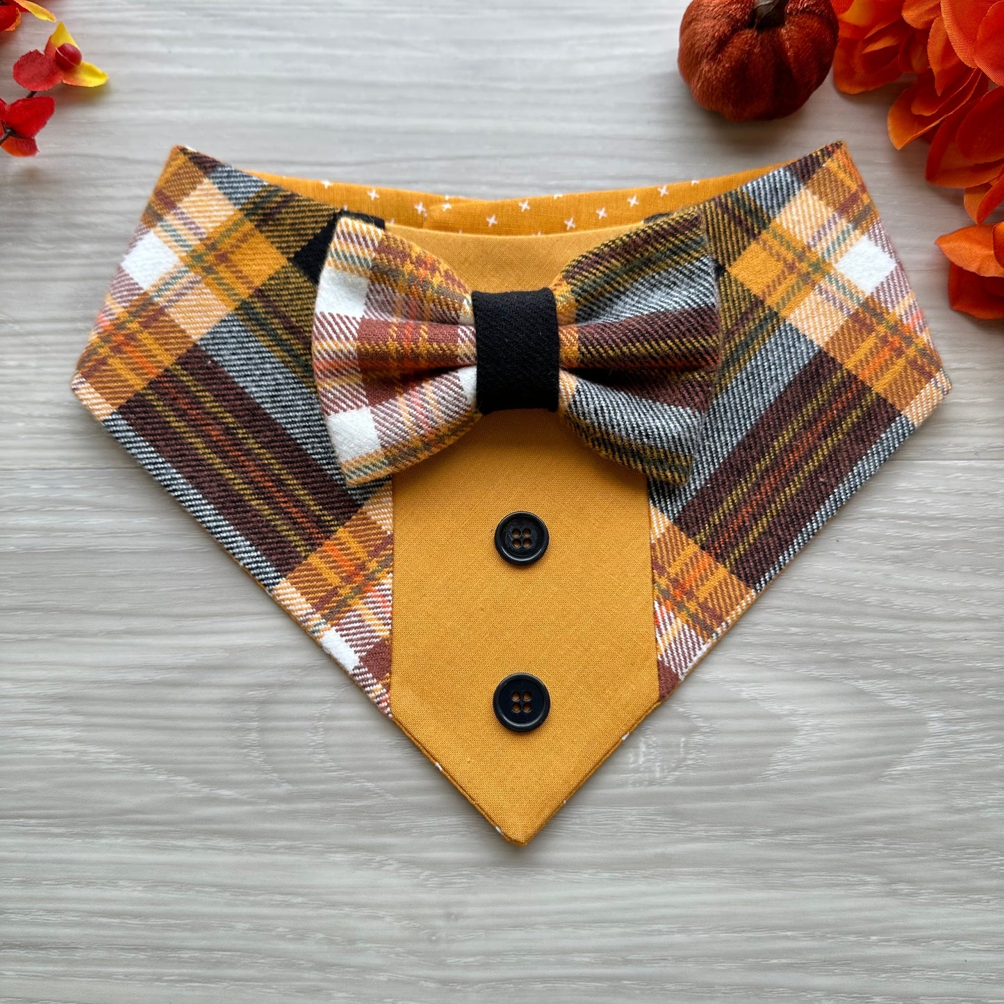 Fall Dog Tuxedo, Brown/yellow plaid Dog Bandana, Dog bandana with Snaps, Pet scarf gift, Season dog scarf, Dog Bowtie, fancy Bandana