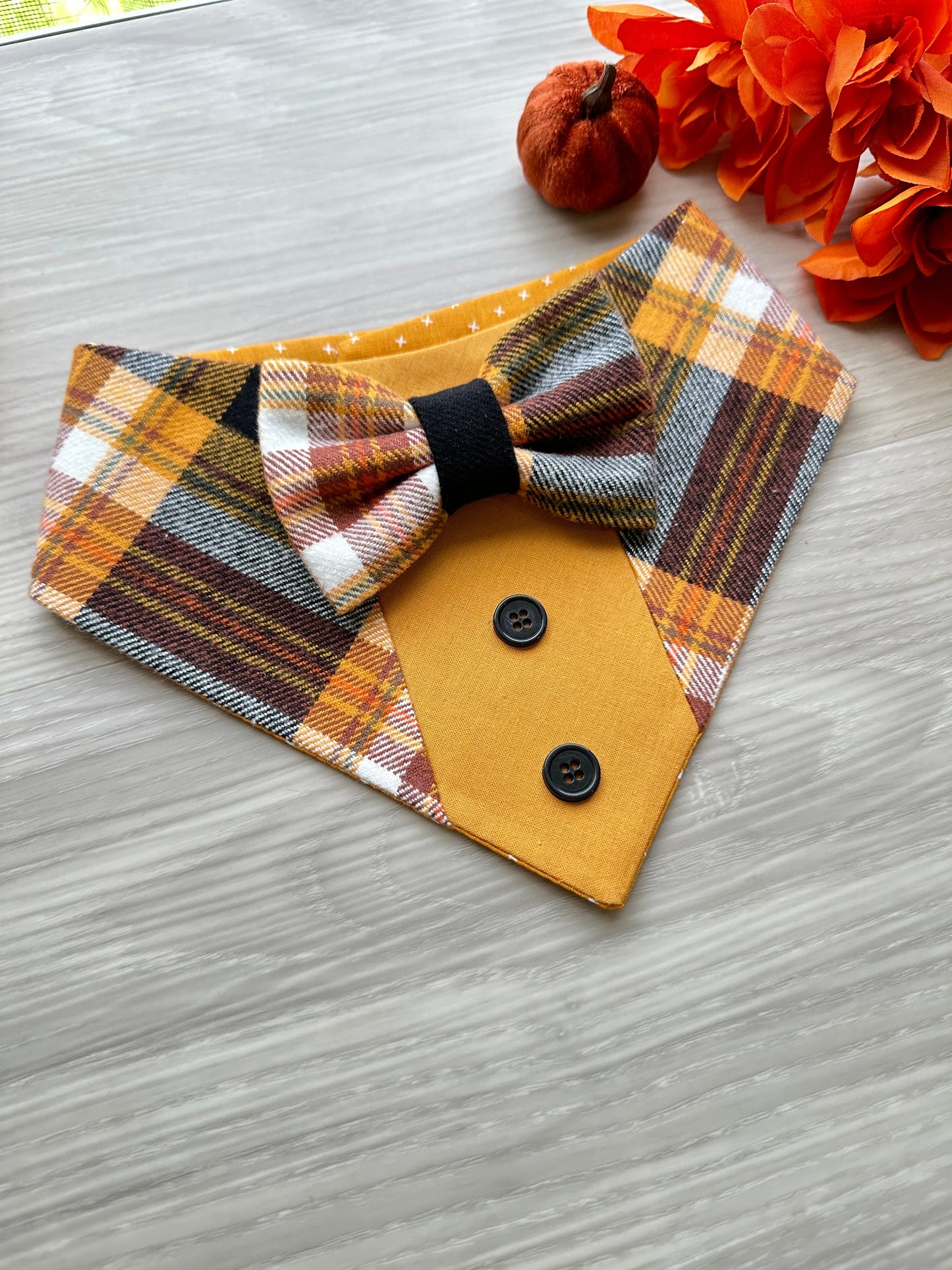 Fall Dog Tuxedo, Brown/yellow plaid Dog Bandana, Dog bandana with Snaps, Pet scarf gift, Season dog scarf, Dog Bowtie, fancy Bandana