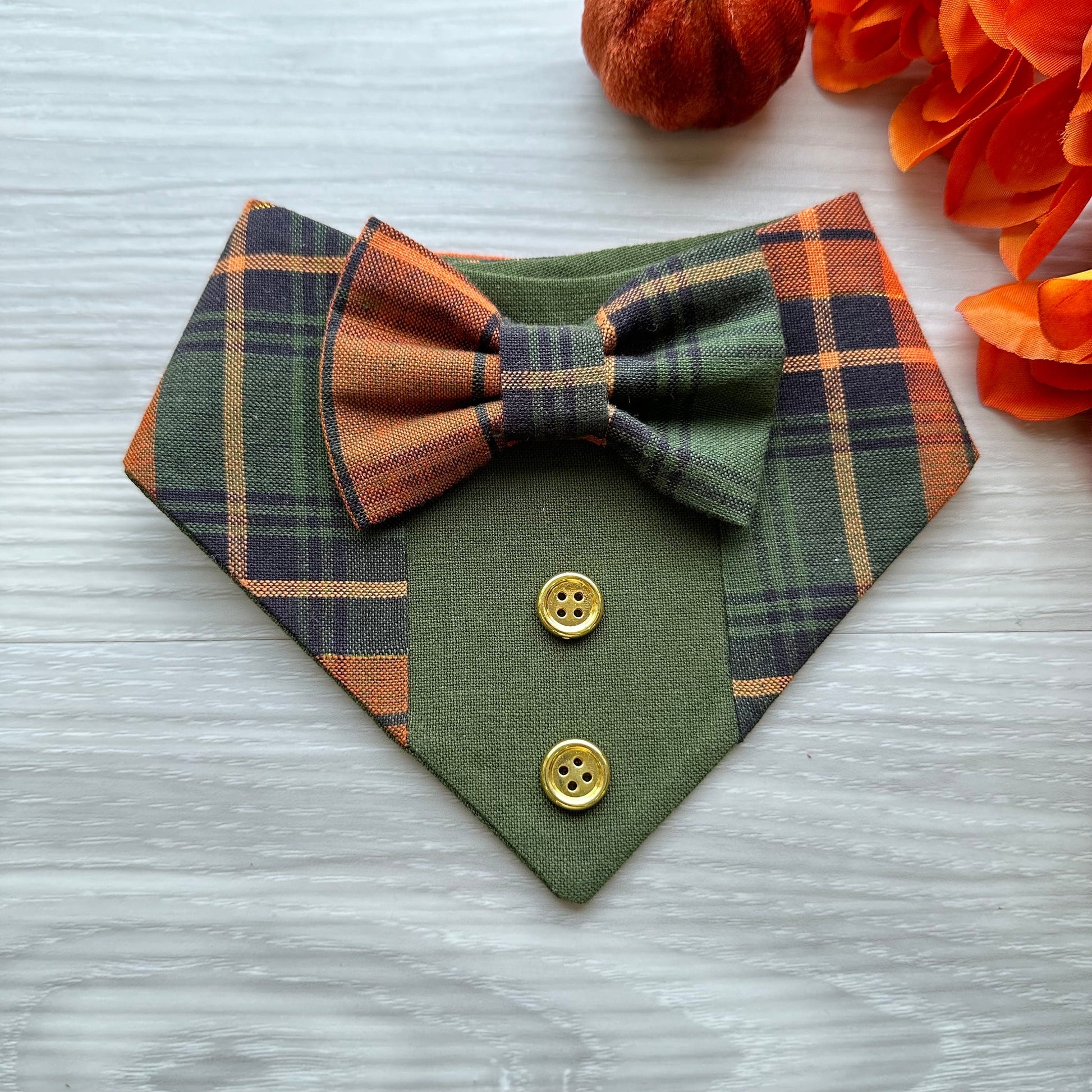 Fall Dog Tuxedo, Orange & Green plaid Dog Bandana, Dog bandana with Snaps, Pet scarf gift, Season dog scarf, Dog Bowtie, fancy Bandana