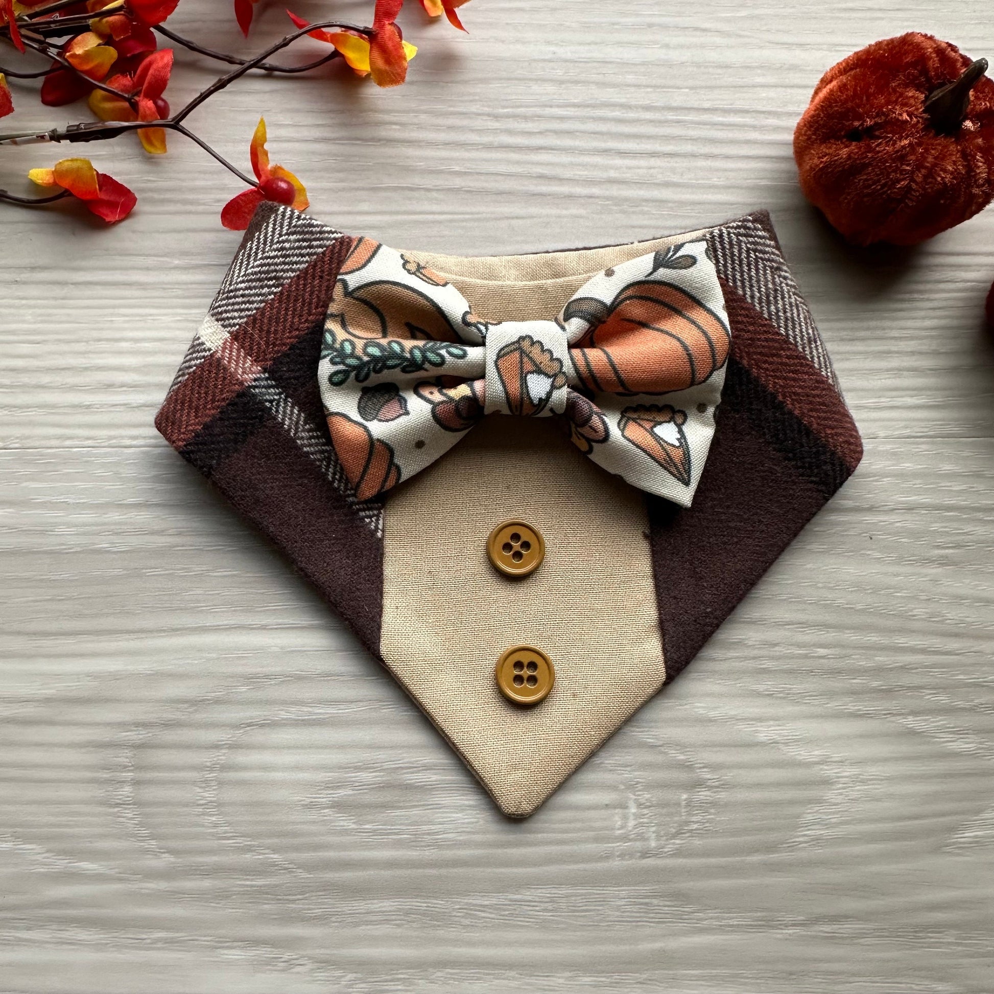 Fall Dog Tuxedo, Turkey & Pumpkins Dog Bandana, Dog bandana with Snaps, Pet scarf gift, Season dog scarf, Dog Bowtie, fancy Bandana