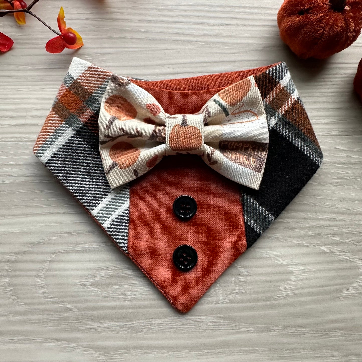 Fall Dog Tuxedo, Pumpkin spice Dog Bandana, Dog bandana with Snaps, Pet scarf gift, Season dog scarf, Dog Bowtie, fancy Bandana