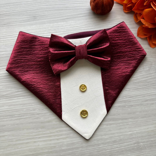 Fall Dog Tuxedo, Burgundy satin Dog Bandana, Dog bandana with Snaps, Pet scarf gift, Season dog scarf, Dog Bowtie, fancy Bandana