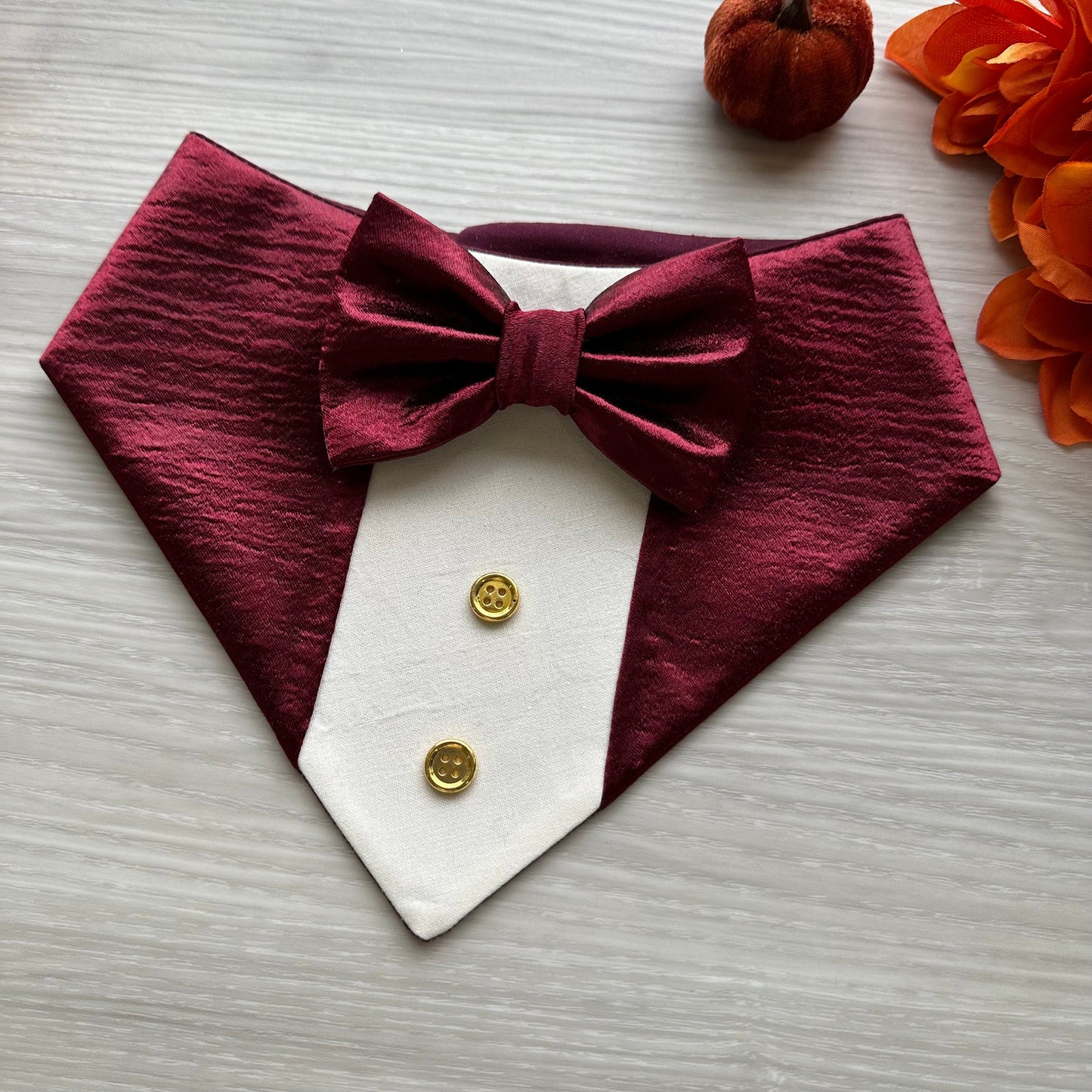 Fall Dog Tuxedo, Burgundy satin Dog Bandana, Dog bandana with Snaps, Pet scarf gift, Season dog scarf, Dog Bowtie, fancy Bandana