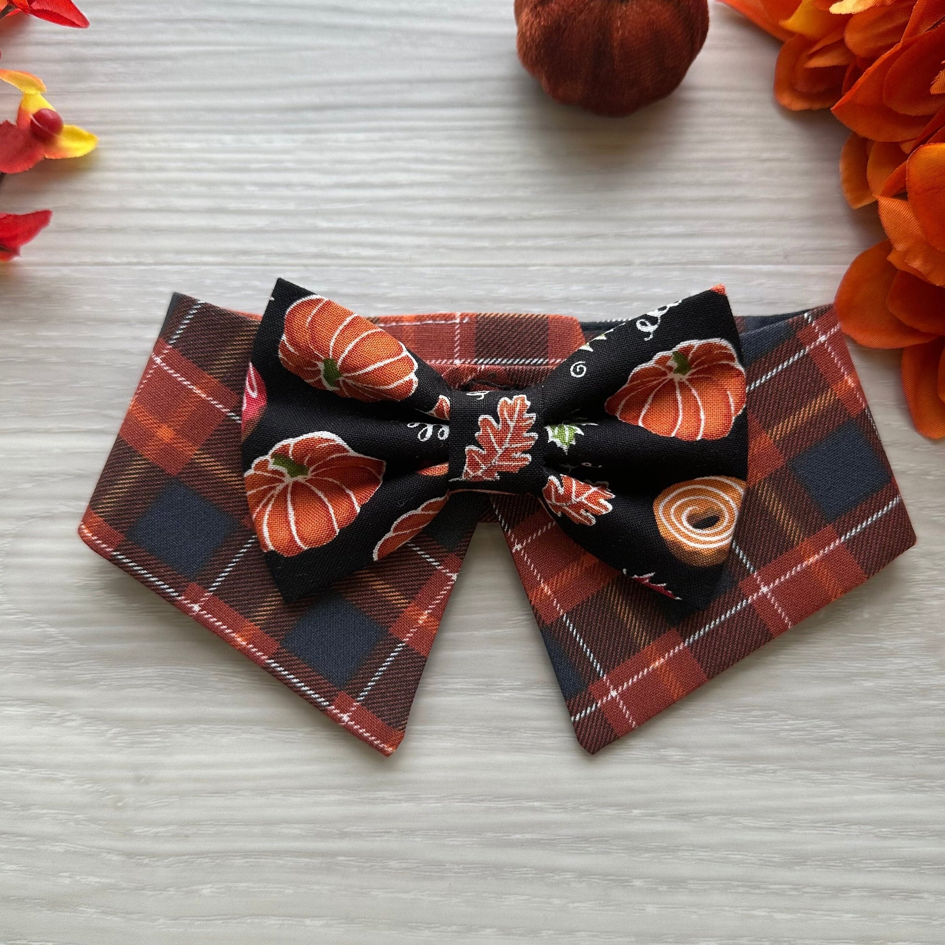 Fall Dog Tuxedo Collar bandana, Pumpkin brown plaid bowtie, Dog Formal Collar, Pointed Shirt Collar, bowtie, boy dog bandana.