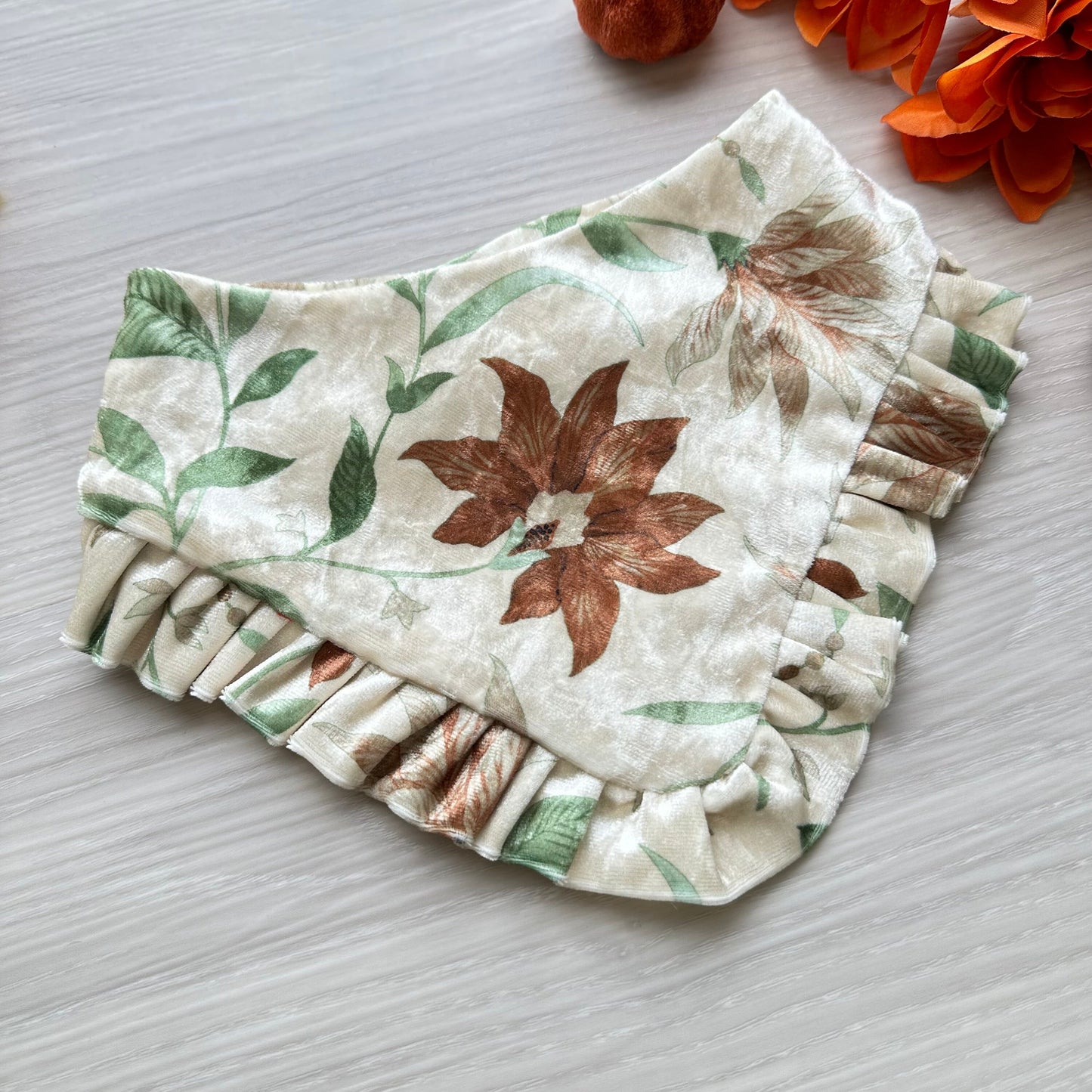 Floral velvet with Ruffled, Fall Dog Bandana, snap on dog bandana, Autumn dog bandana, ruffle trim dog bandana, girl dog bandana,