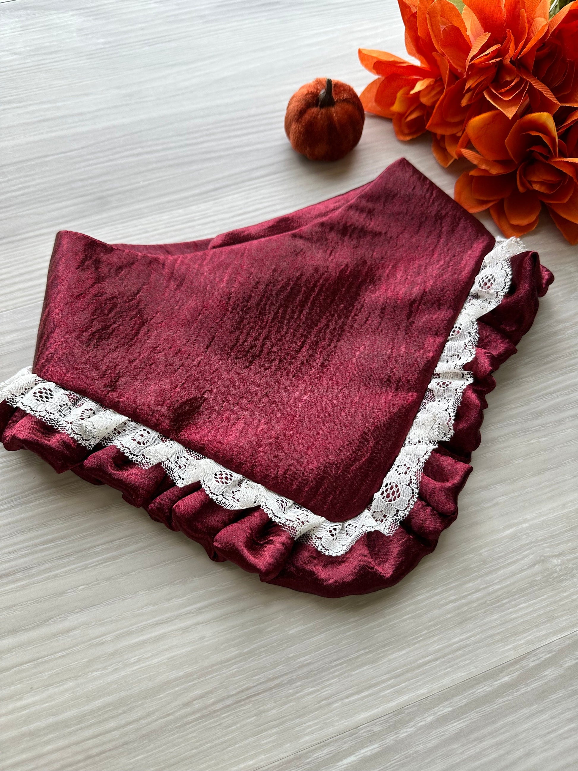 Burgundy Satin with Ruffled, Fall Dog Bandana, snap on dog bandana, Autumn dog bandana, ruffle trim dog bandana, girl dog bandana,