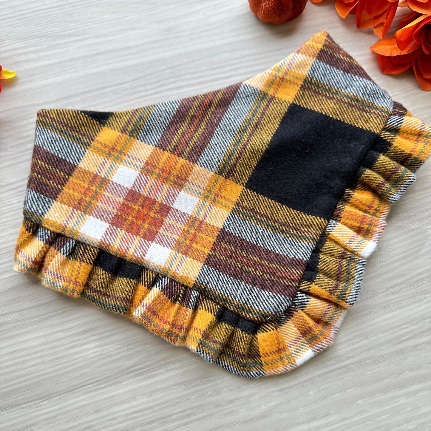 Brown/yellow Black/orange Plaid snap on dog bandana, fall dog bandana, Autumn dog bandana, ruffle trim dog bandana, girl dog bandana,