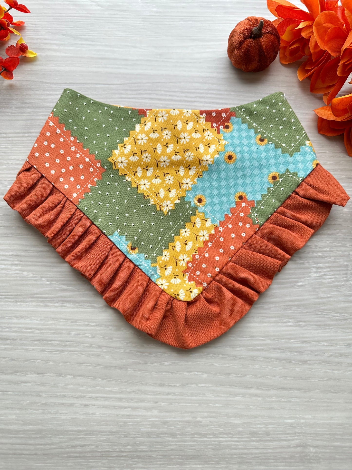 Fall Patch snap on dog bandana, orange dog bandana, Autumn dog bandana, ruffle trim dog bandana, girl dog bandana, cute dog bandana