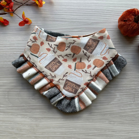 Pumpkin Spice snap on dog bandana, fall dog bandana, Autumn dog bandana, ruffle trim dog bandana, girl dog bandana, cute dog bandana