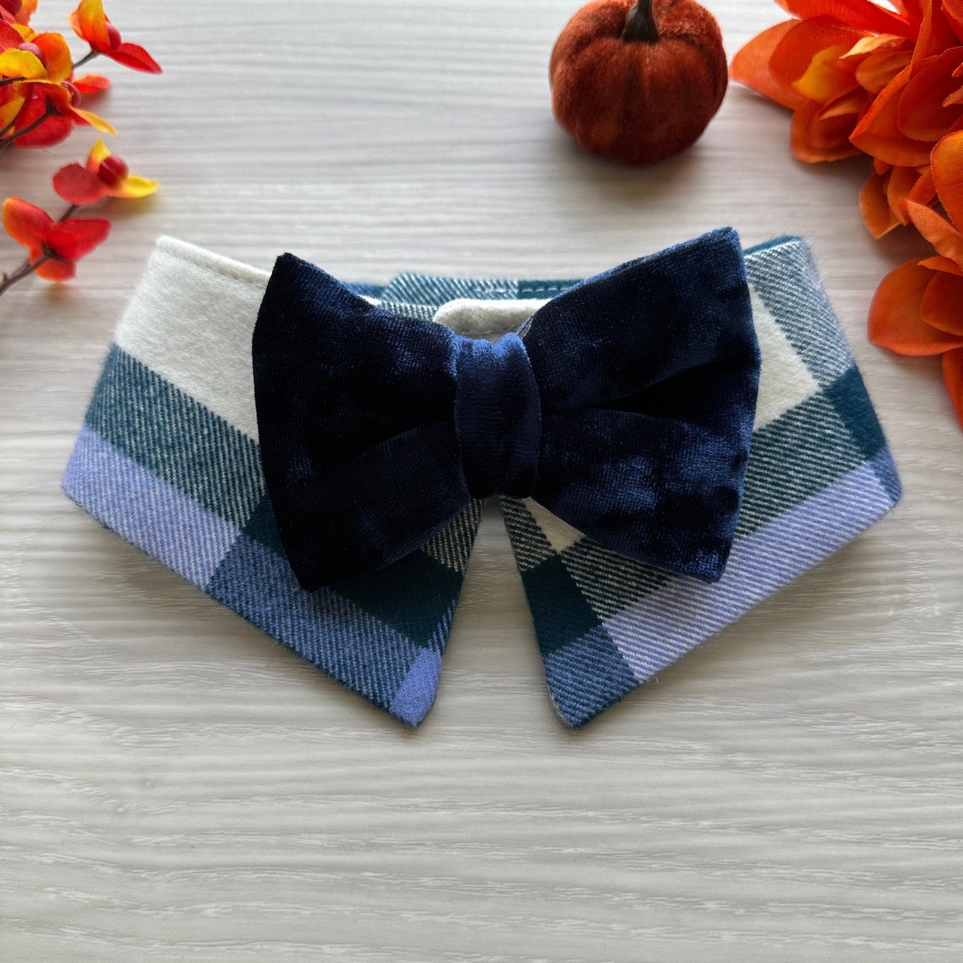 Fall Dog Tuxedo Collar bandana, White/Blue plaid velvet bowtie, Dog Formal Collar, Pointed Shirt Collar, bowtie, boy dog bandana.