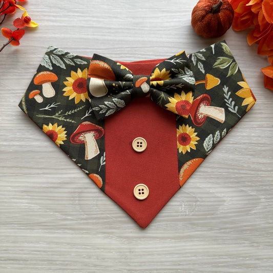 Fall Dog Tuxedo, Mushroom Autumn Dog Bandana, Dog bandana with Snaps, Pet scarf gift, Season dog scarf, Dog Bowtie, fancy Bandana