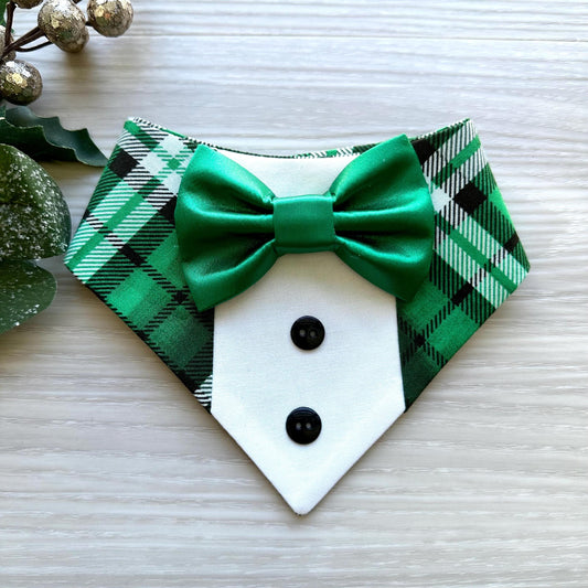 Christmas Green Plaid Dog Tuxedo Bandana, Green satin bowtie, Christmas dog gift, pet neckwear for the holidays, dog accessories