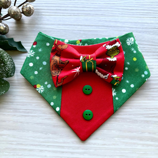 Christmas Grinchmas Green and Red Dog Tuxedo Bandana, Christmas dog gift, pet neckwear for the holidays, dog accessories