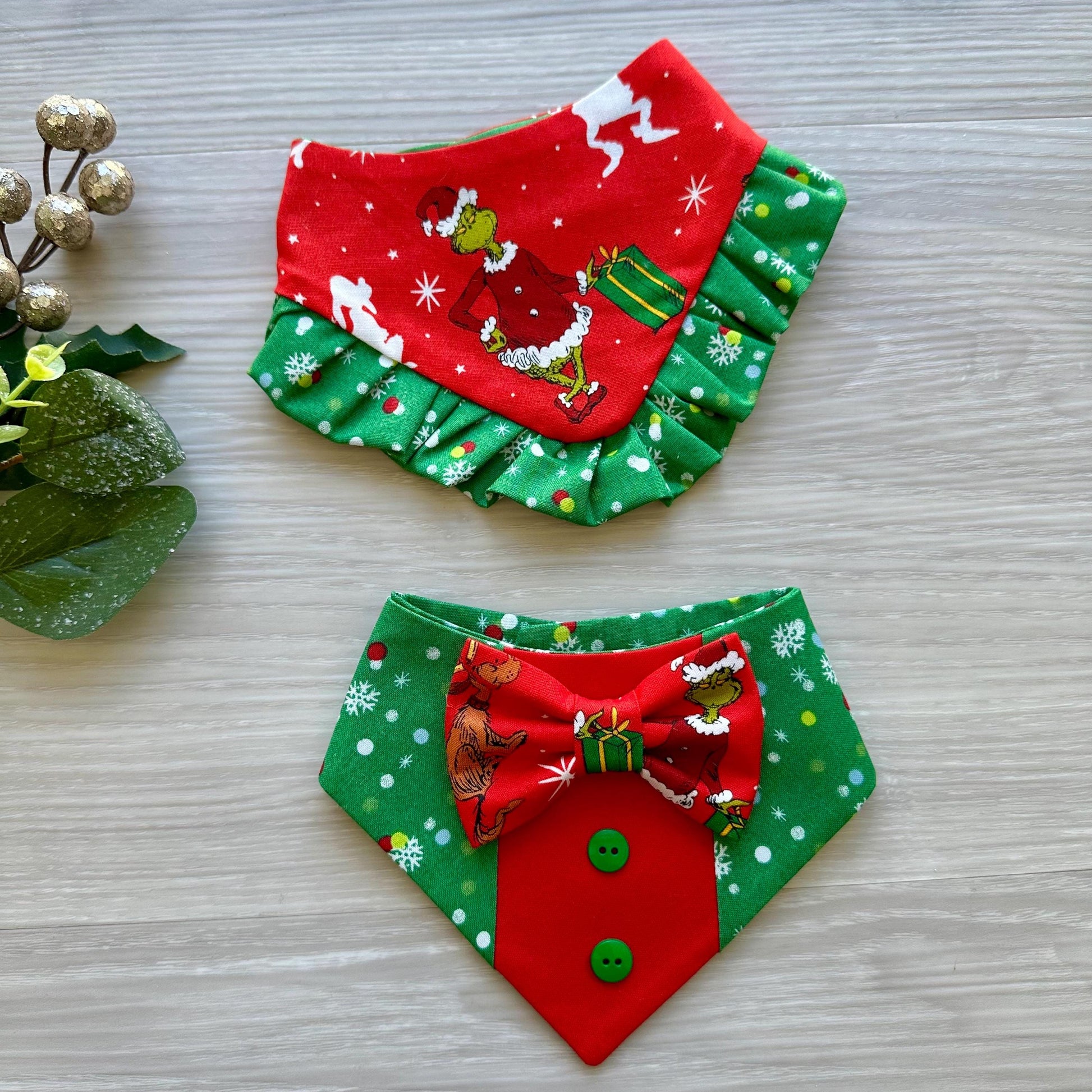 Christmas Grinchmas Green and Red Dog Tuxedo Bandana, Christmas dog gift, pet neckwear for the holidays, dog accessories