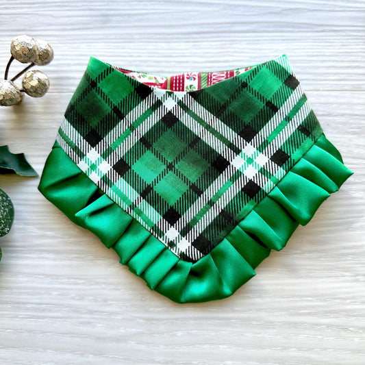 Christmas Green Plaid W/Ruffles Dog bandana, Christmas dog gift, pet neckwear for the holidays, dog accessories