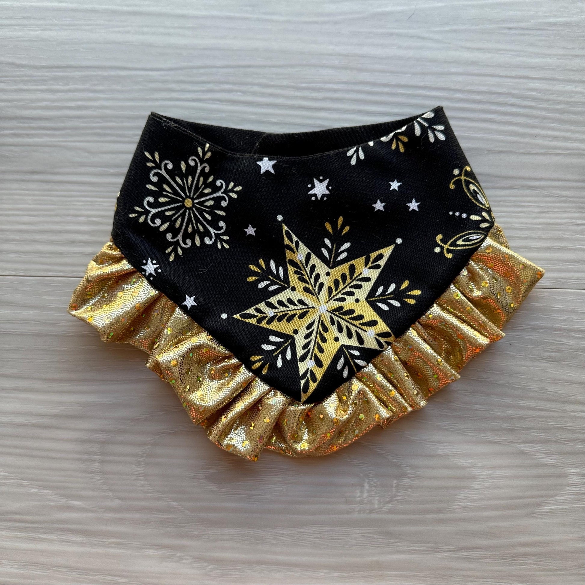 New Year dog Bandana, Gold stars Reversible Snap Bandana, Matching hair-bow, Over the collar bandana, Holiday scarf for dogs,