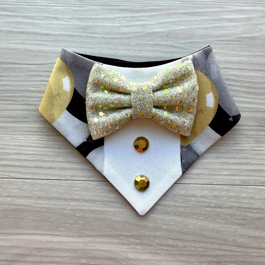 New! Dog Tuxedo bandana, New Years Dog scarf, Snap on Wedding attire for dogs, bandana with bowtie, happy new years