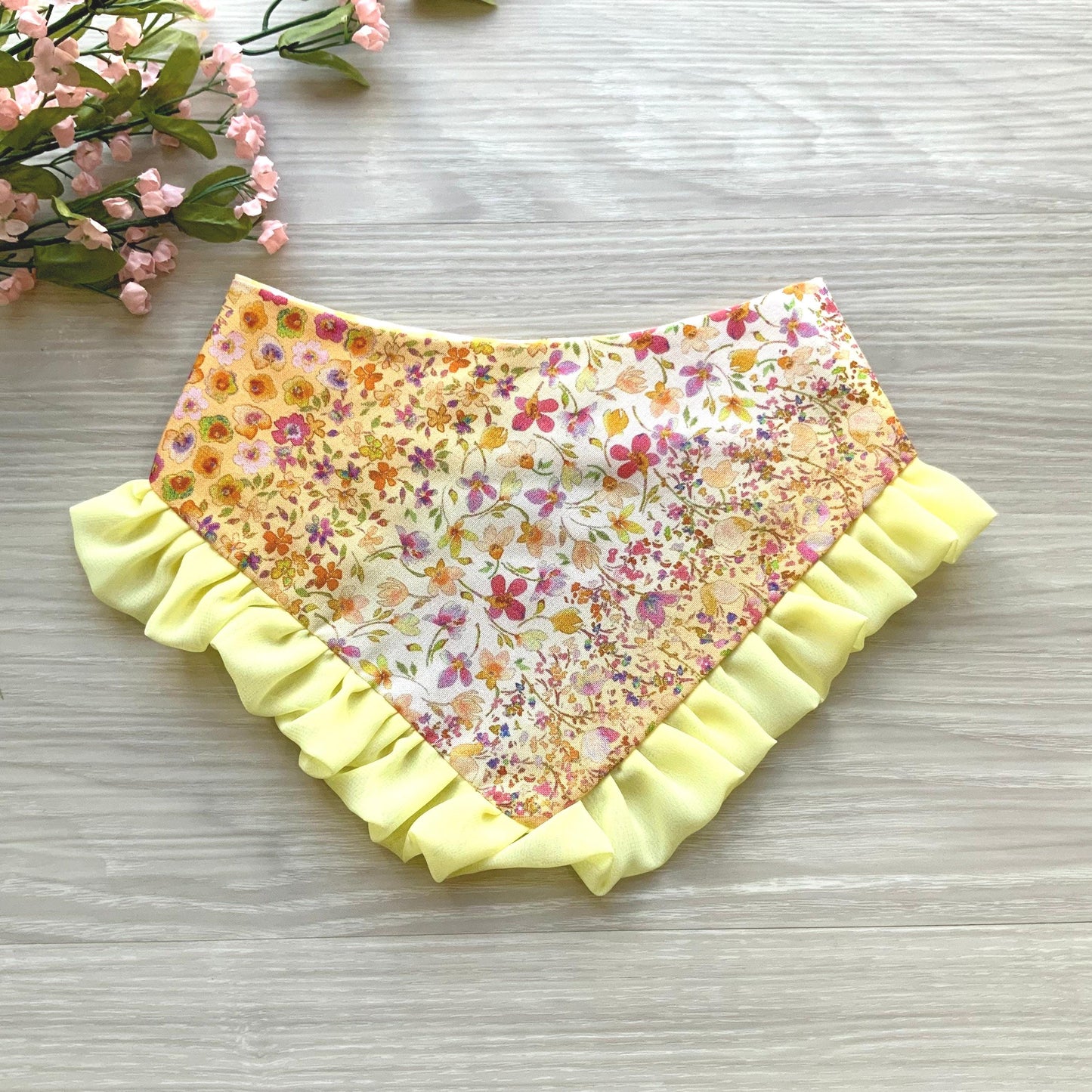 Spring Dog bandana with ruffles, Yellow Gingham Floral, Snap on Bandana, Matching hair-bow, Bow and Bandana, Floral bandana, Cat accessories
