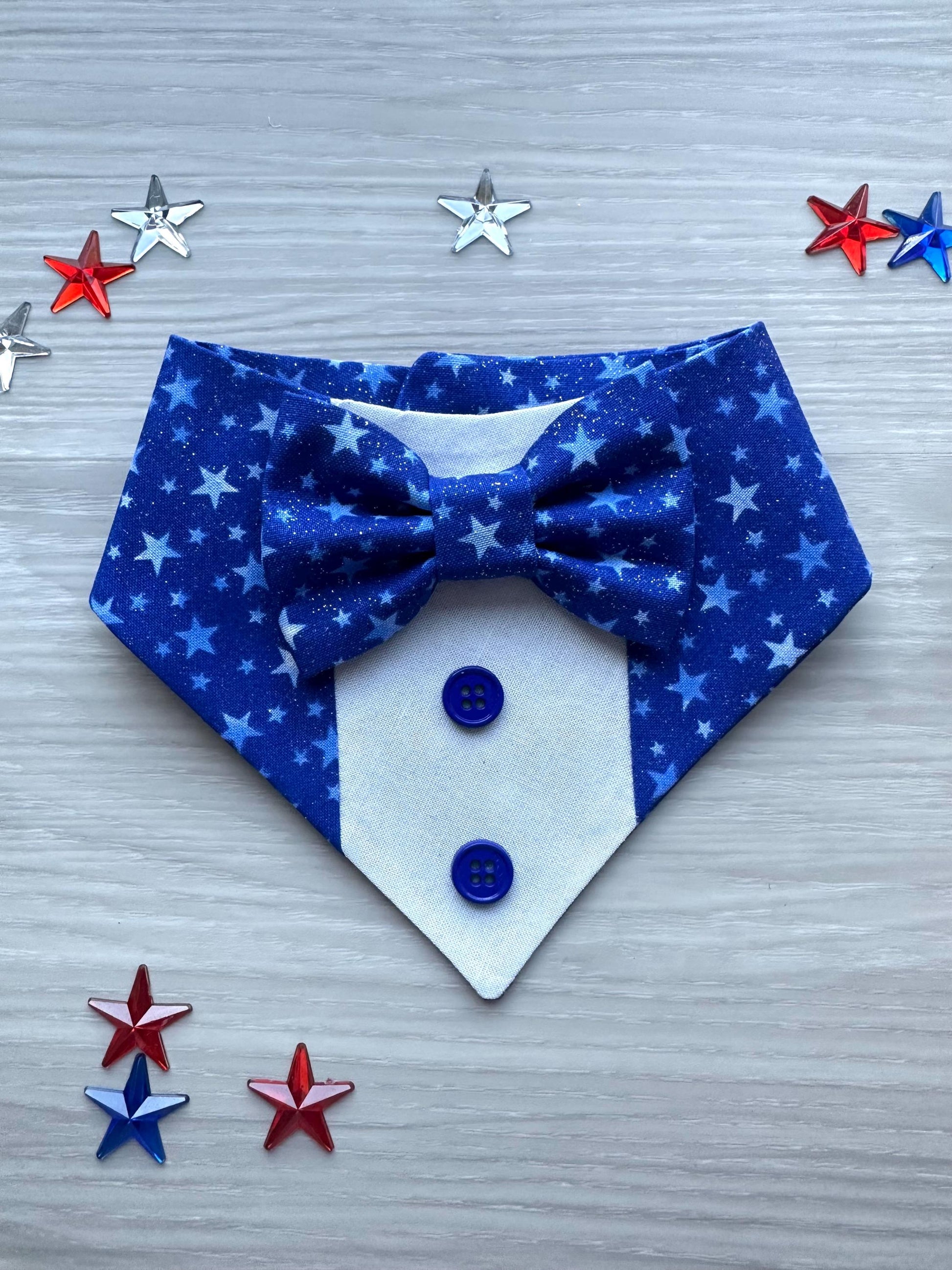 4th of July dog bandana Tuxedo dog scarf summer pet bandana snaps on bandana blue white star pet accessory for memorial day dog gift cat