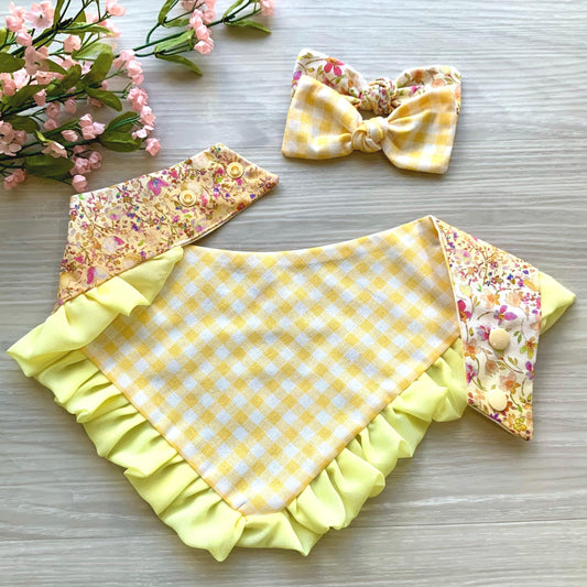 Spring Dog bandana with ruffles, Yellow Gingham Floral, Snap on Bandana, Matching hair-bow, Bow and Bandana, Floral bandana, Cat accessories