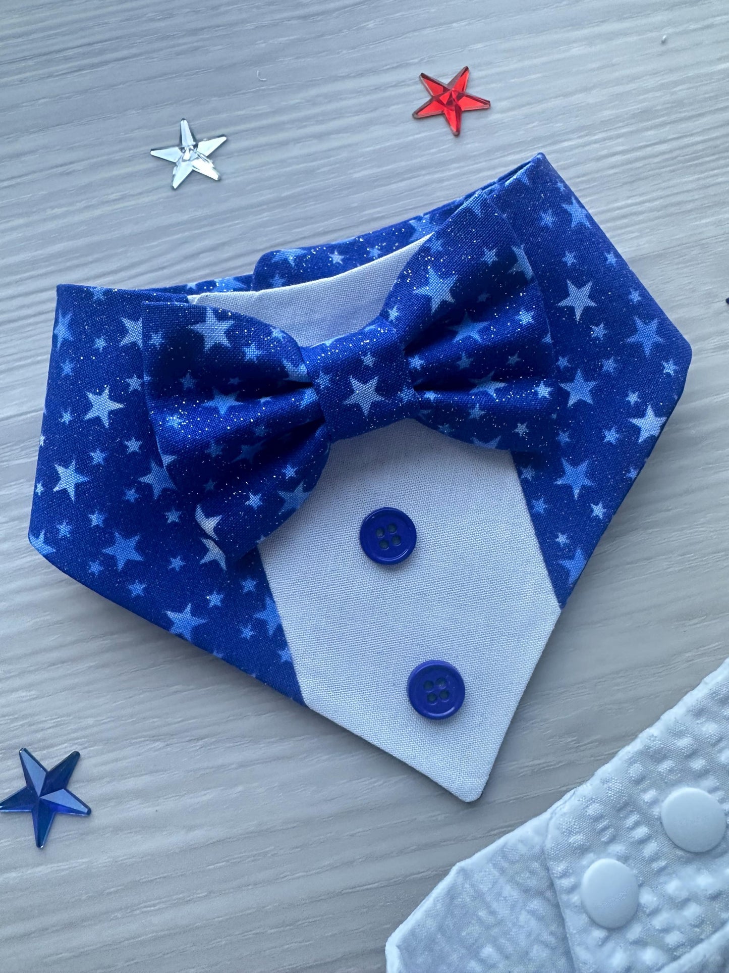 4th of July dog bandana Tuxedo dog scarf summer pet bandana snaps on bandana blue white star pet accessory for memorial day dog gift cat