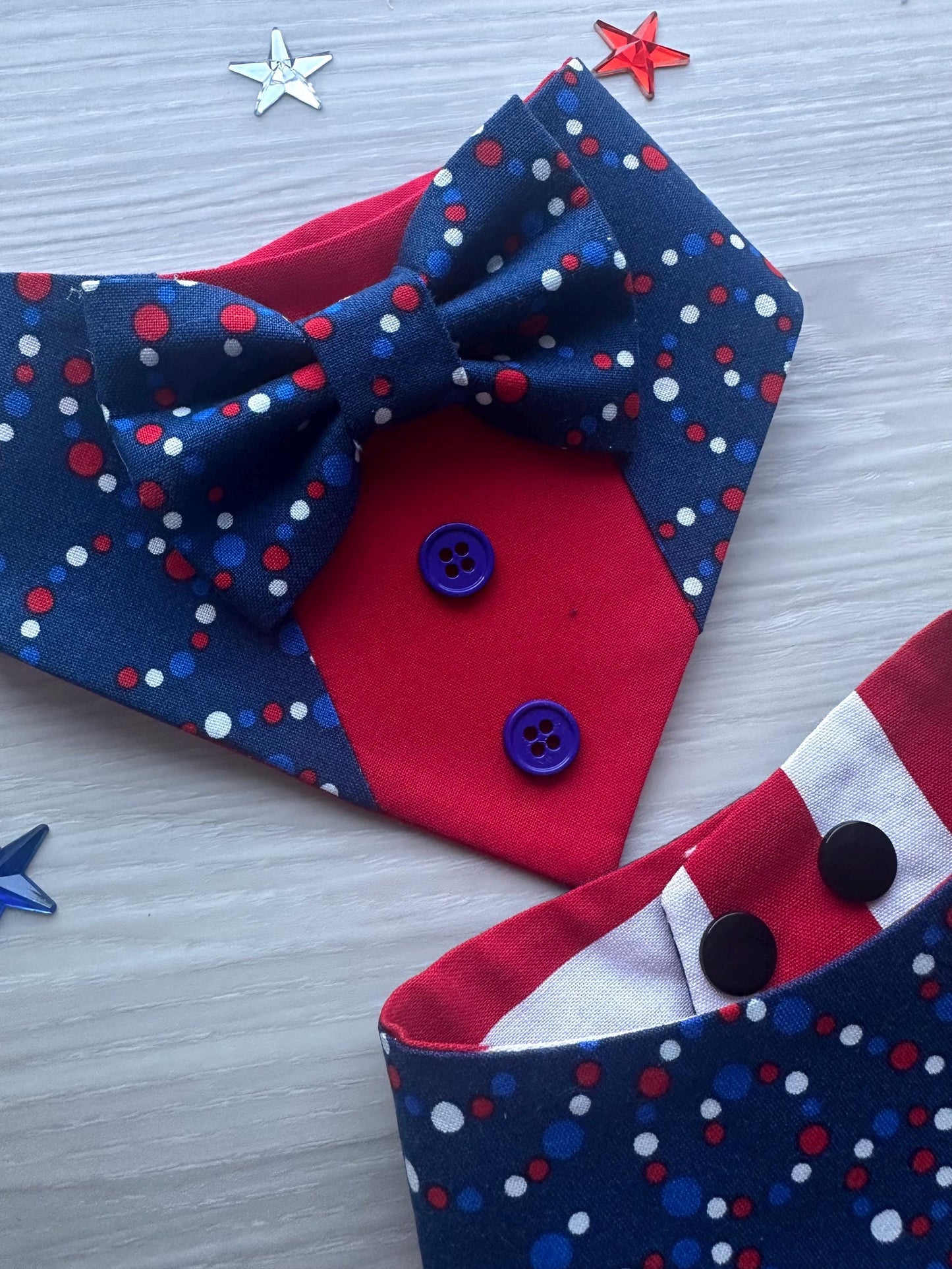 4th of July dog bandana Tuxedo dog scarf summer pet bandana snaps on bandana red blue polka usa pet accessory for memorial day dog gift cat