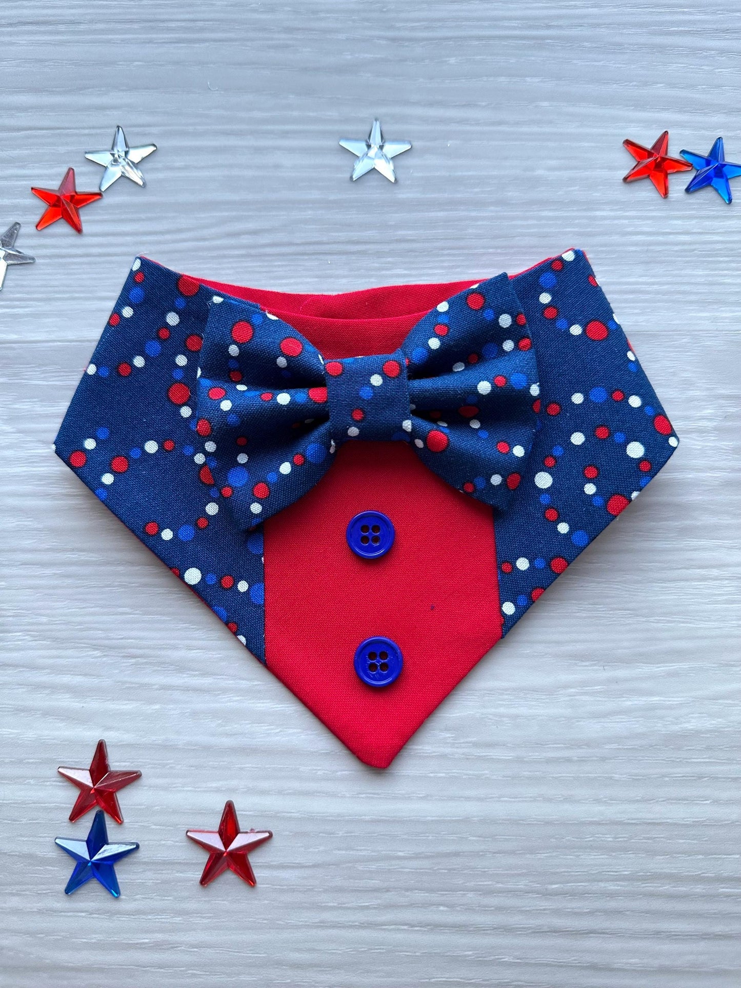 4th of July dog bandana Tuxedo dog scarf summer pet bandana snaps on bandana red blue polka usa pet accessory for memorial day dog gift cat