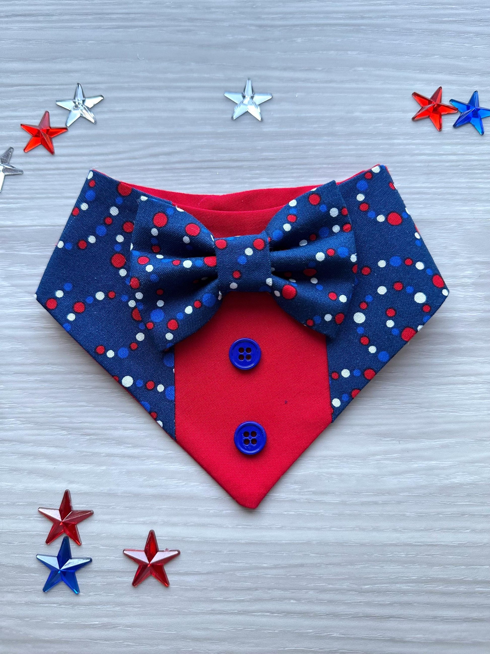 4th of July dog bandana Tuxedo dog scarf summer pet bandana snaps on bandana red blue polka usa pet accessory for memorial day dog gift cat