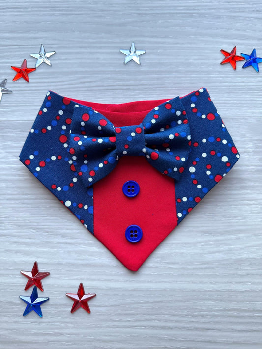 4th of July dog bandana Tuxedo dog scarf summer pet bandana snaps on bandana red blue polka usa pet accessory for memorial day dog gift cat
