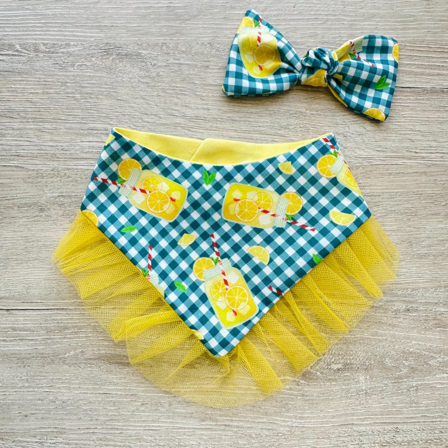 Lemonade Summer Dog Bandana with Ruffles & Matching Hair Bow Pet Accessory Set Dog Summer Outfit Cute Pet Gift Summer Outfit for Small Dogs