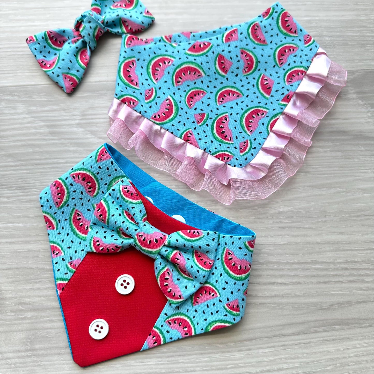 Watermelon Summer Dog Bandana with Ruffles Matching Hair Bow Pet Accessory Set Dog Summer Outfit Cute Pet Gift Summer Outfit for Small Dogs