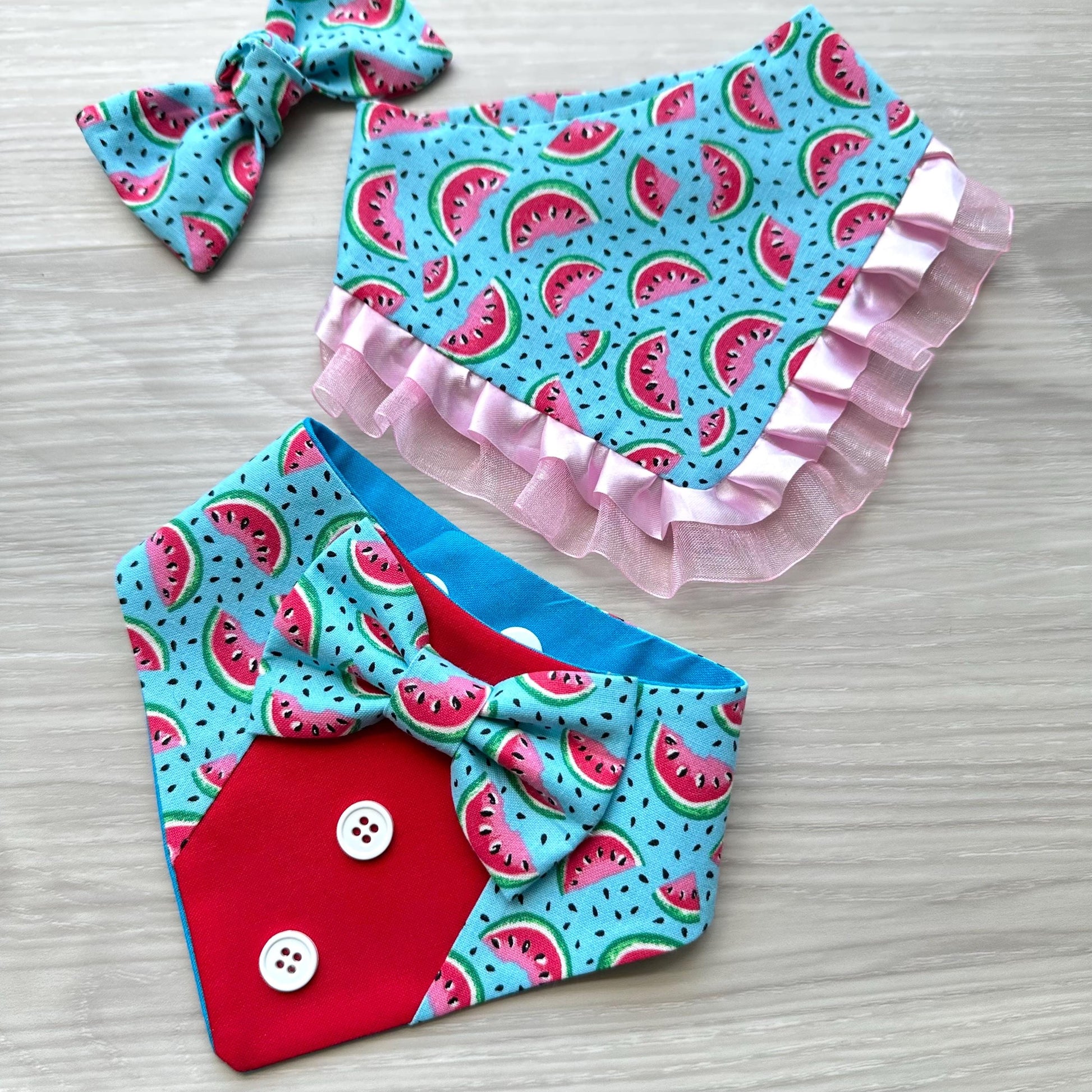 Watermelon Summer Dog Bandana with Ruffles Matching Hair Bow Pet Accessory Set Dog Summer Outfit Cute Pet Gift Summer Outfit for Small Dogs