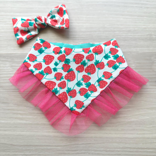 Strawberry Summer Dog Bandana with Ruffles Matching Hair Bow Pet Accessory Set Dog Summer Outfit Cute Pet Gift Summer Outfit for Small Dogs