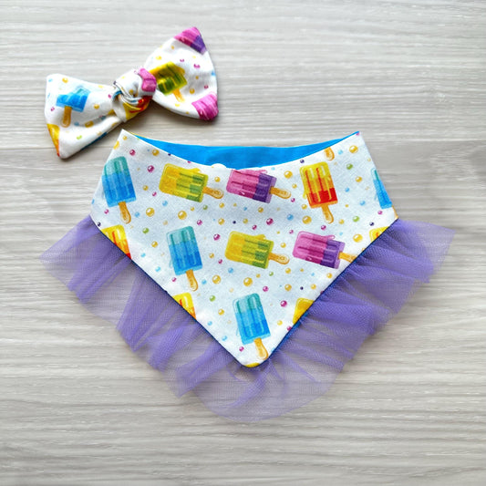 Ice Cream Summer Dog Bandana with Ruffles & Matching Hair Bow Pet Accessory Set Dog Summer Outfit Cute Pet Gift Summer Outfit for Small Dogs