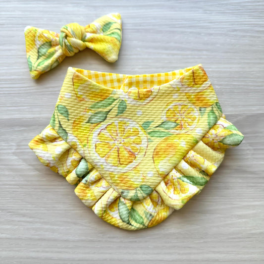Lemon Summer Dog Bandana with Ruffles & Matching Hair Bow Pet Accessory Set Dog Summer Outfit Cute Pet Gift Summer Outfit for Small Dogs